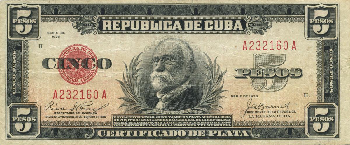 Front of Cuba p70b: 5 Pesos from 1936