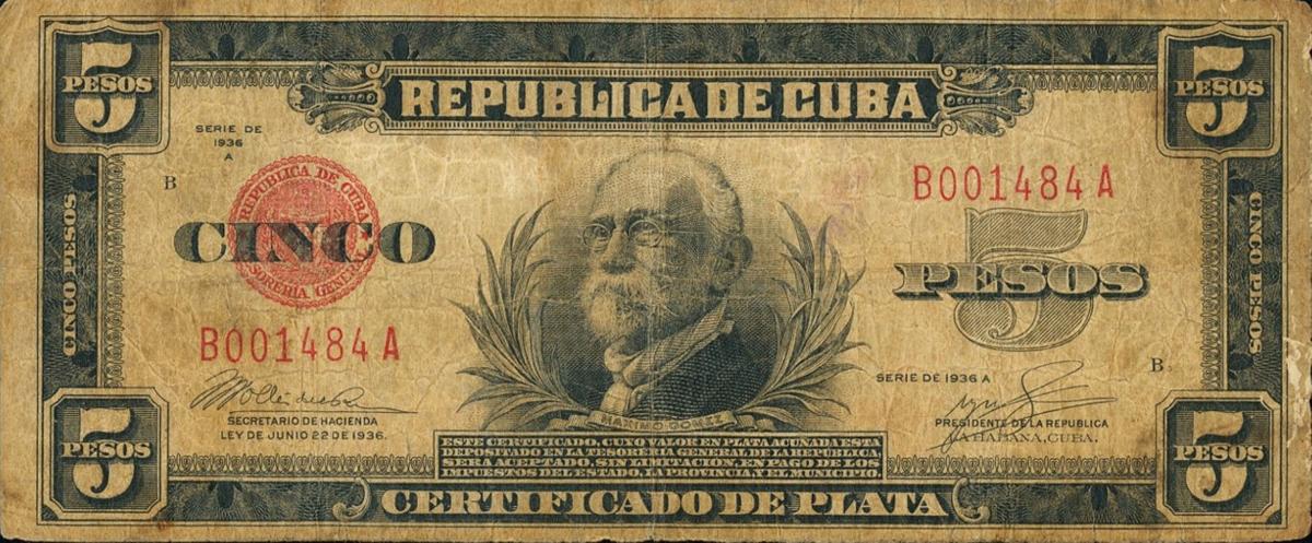 Front of Cuba p70c: 5 Pesos from 1936