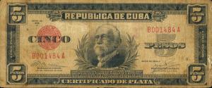 p70c from Cuba: 5 Pesos from 1936