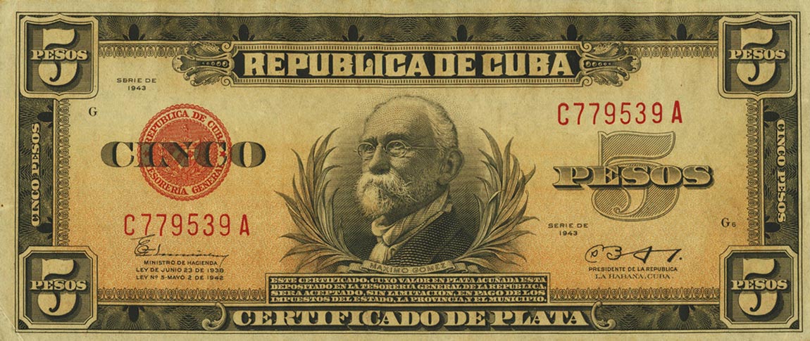 Front of Cuba p70e: 5 Pesos from 1943