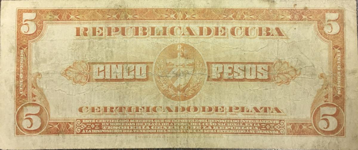 Back of Cuba p70f: 5 Pesos from 1945