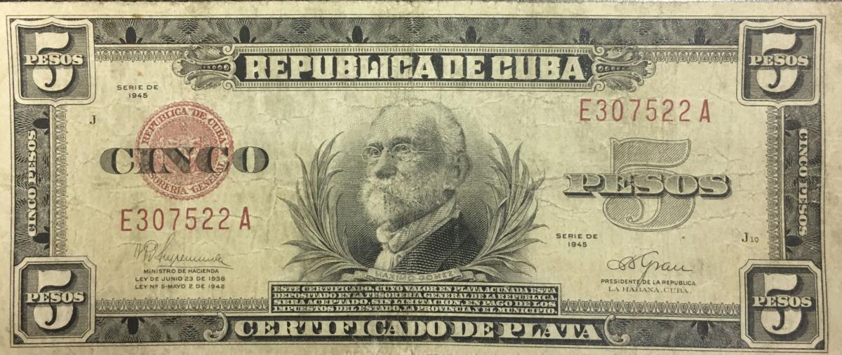 Front of Cuba p70f: 5 Pesos from 1945