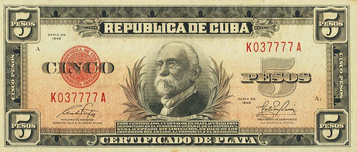 Front of Cuba p70h: 5 Pesos from 1949