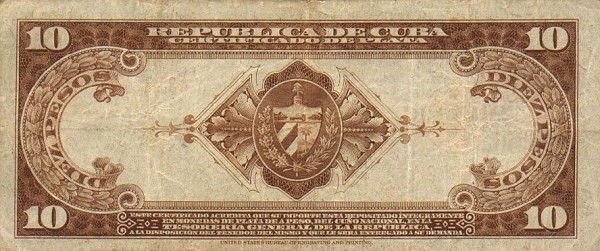 Back of Cuba p71d: 10 Pesos from 1938