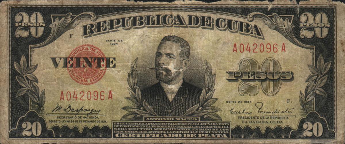 Front of Cuba p72a: 20 Pesos from 1934