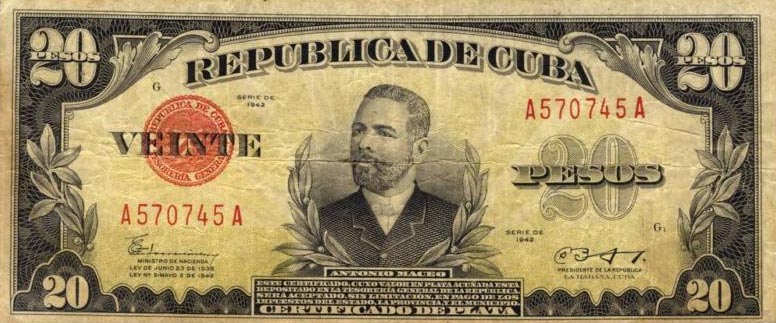 Front of Cuba p72e: 20 Pesos from 1943