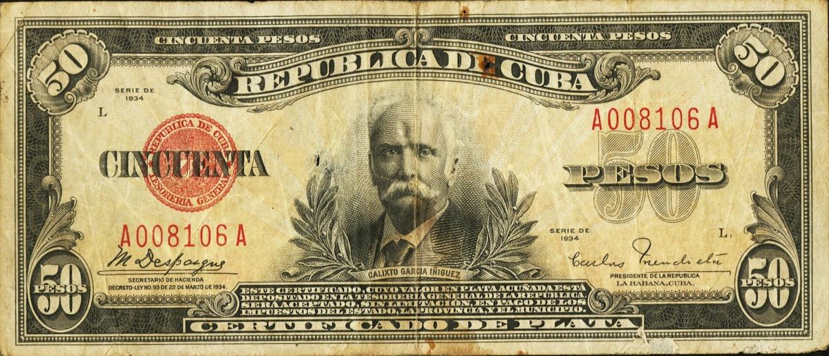 Front of Cuba p73a: 50 Pesos from 1934