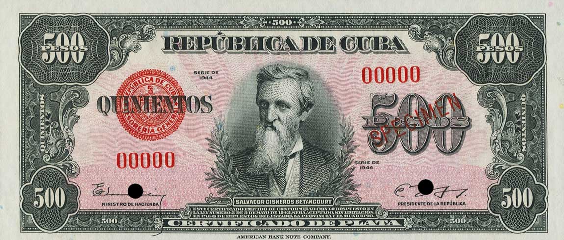 Front of Cuba p75: 500 Pesos from 1944