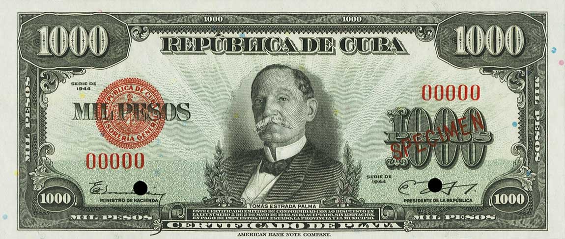 Front of Cuba p76s: 1000 Pesos from 1944