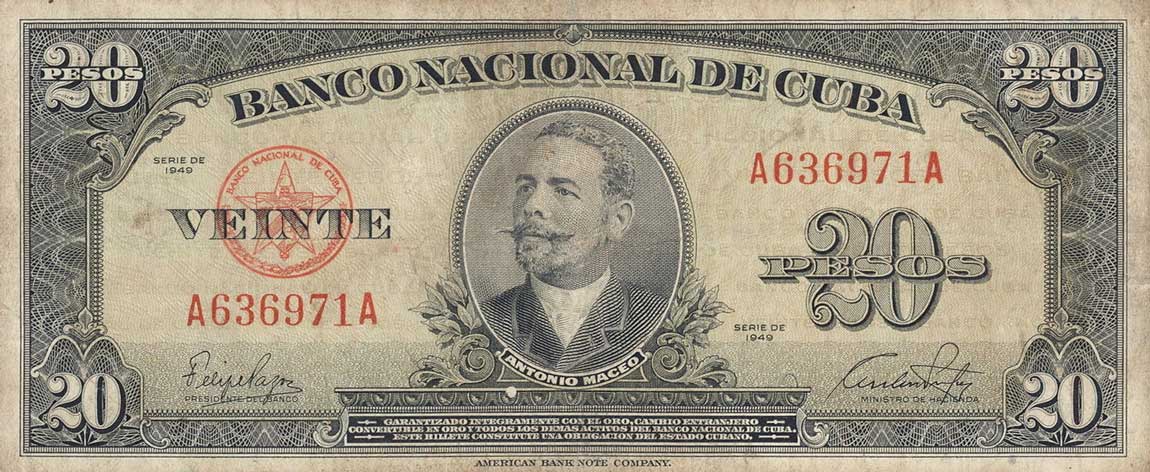 Front of Cuba p80a: 20 Pesos from 1949