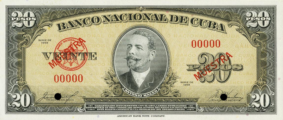 Front of Cuba p80s2: 20 Pesos from 1958