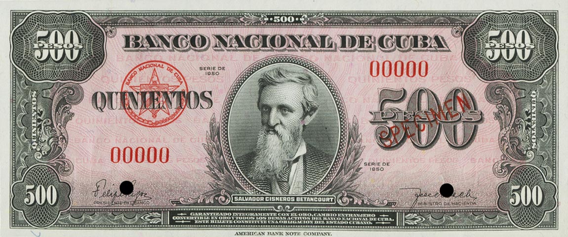 Front of Cuba p83s: 500 Pesos from 1950
