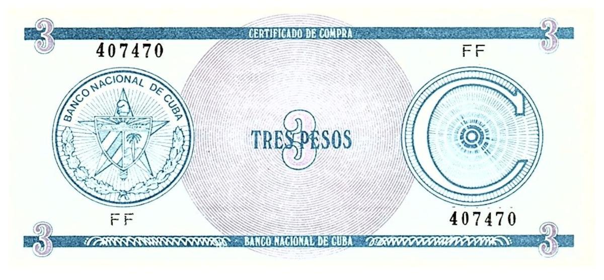 Front of Cuba pFX12: 3 Pesos from 1987