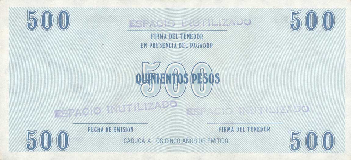 Back of Cuba pFX18: 500 Pesos from 1987