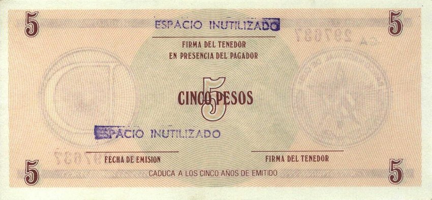 Back of Cuba pFX29: 5 Pesos from 1989