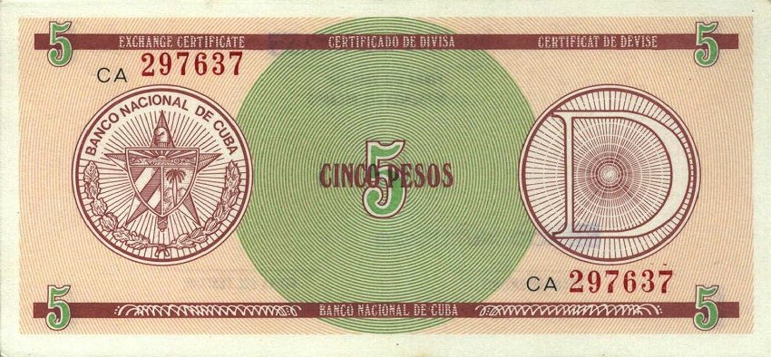 Front of Cuba pFX29: 5 Pesos from 1989