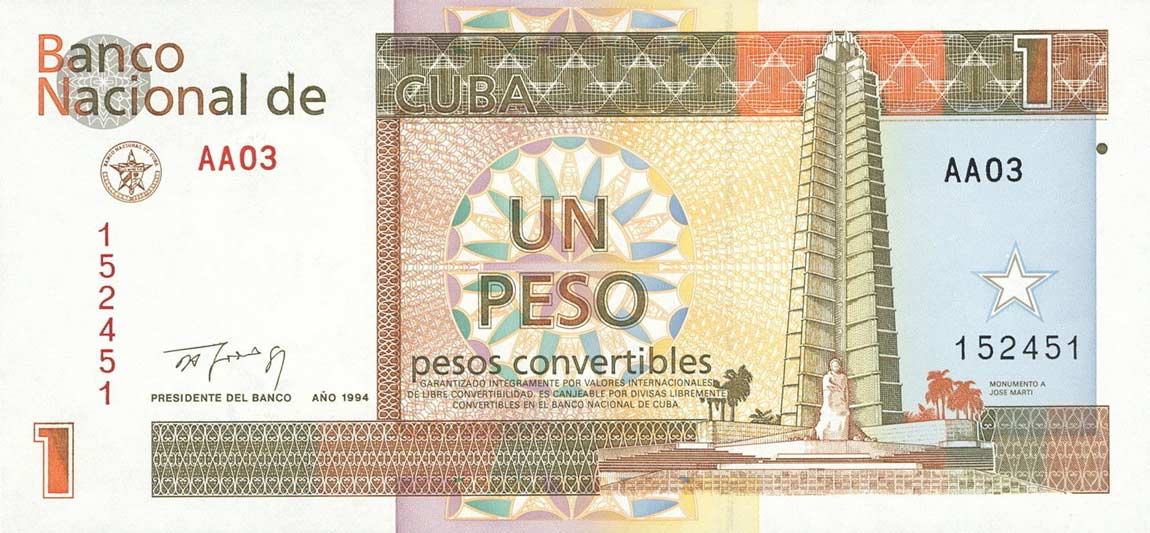 Front of Cuba pFX37: 1 Peso Convertible from 1994