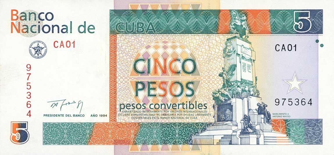 Front of Cuba pFX39: 5 Peso Convertible from 1994