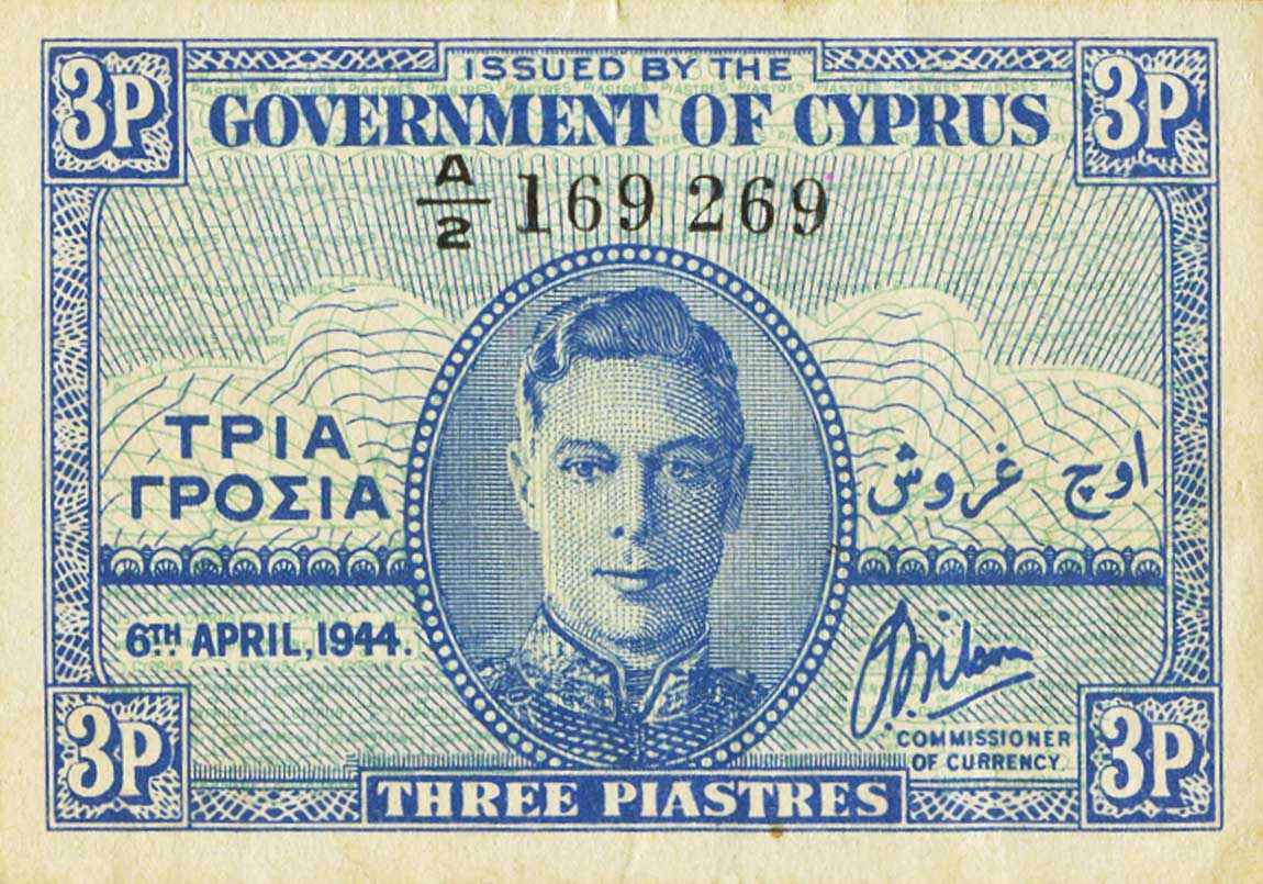 Front of Cyprus p28b: 3 Piastres from 1944
