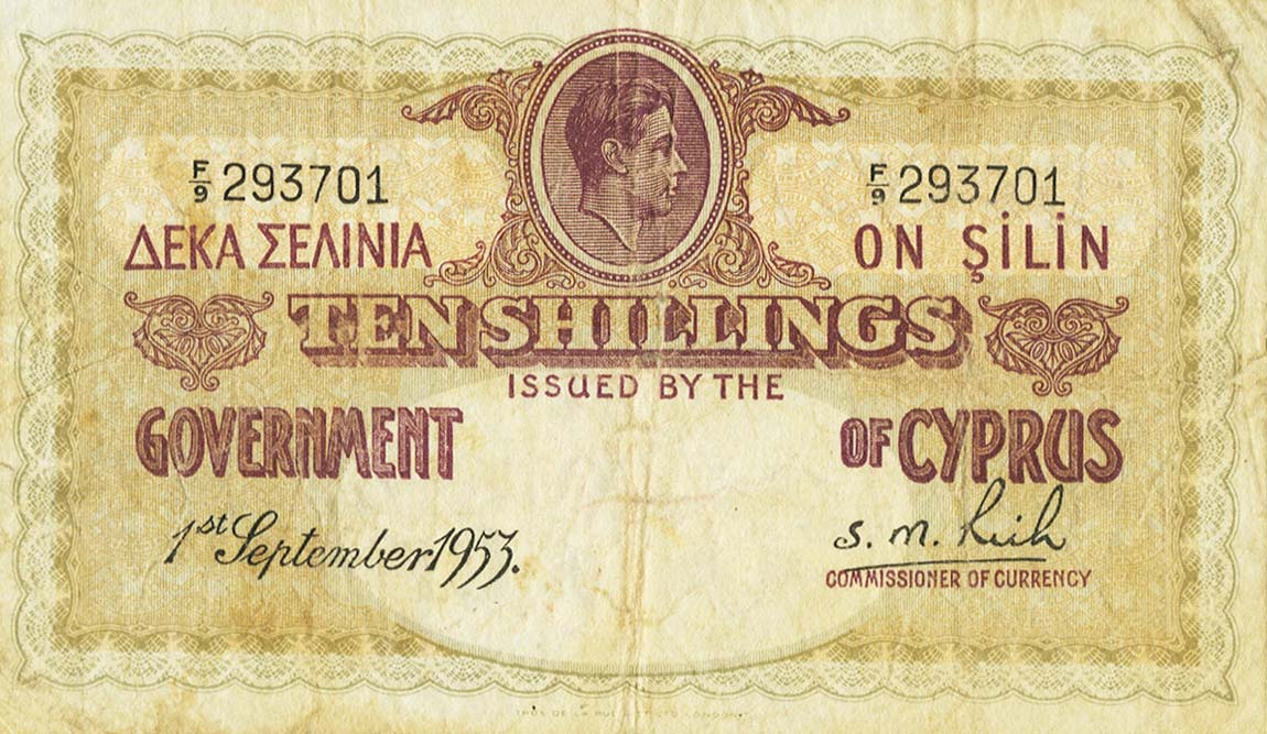 Front of Cyprus p31: 10 Shillings from 1953