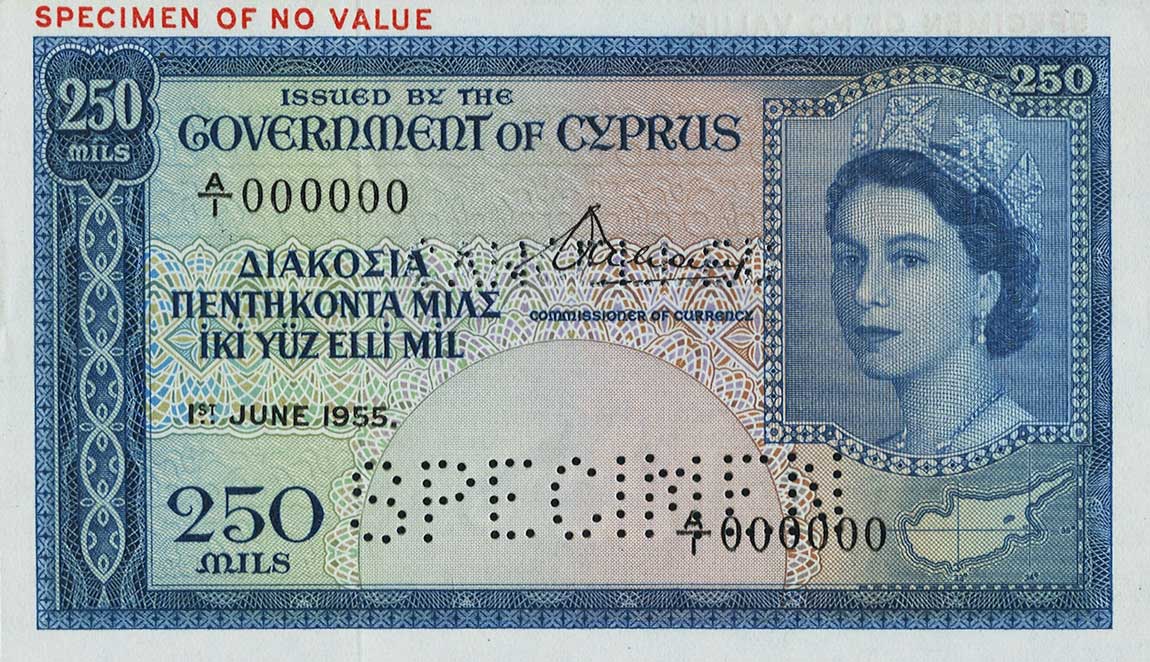 Front of Cyprus p33s: 250 Mils from 1955