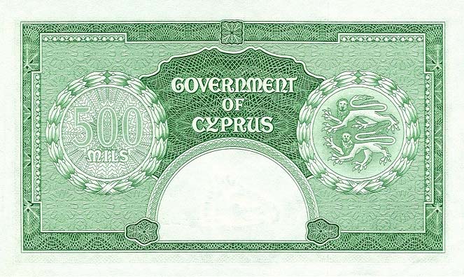Back of Cyprus p34a: 500 Mils from 1955
