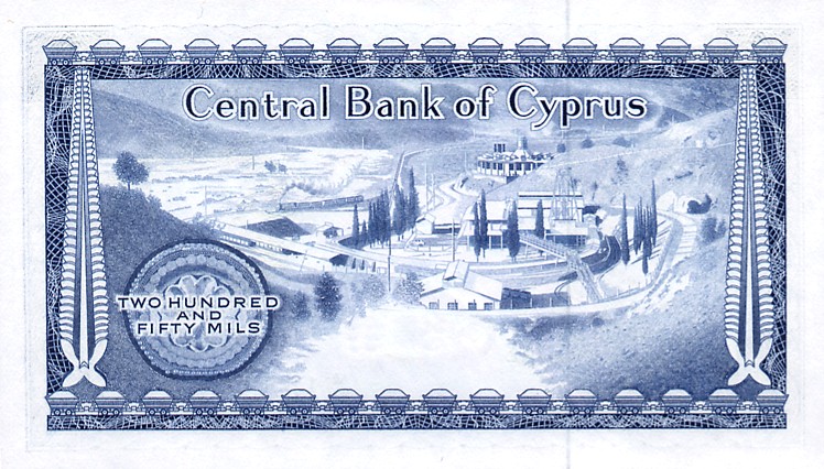 Back of Cyprus p41c: 250 Mils from 1975