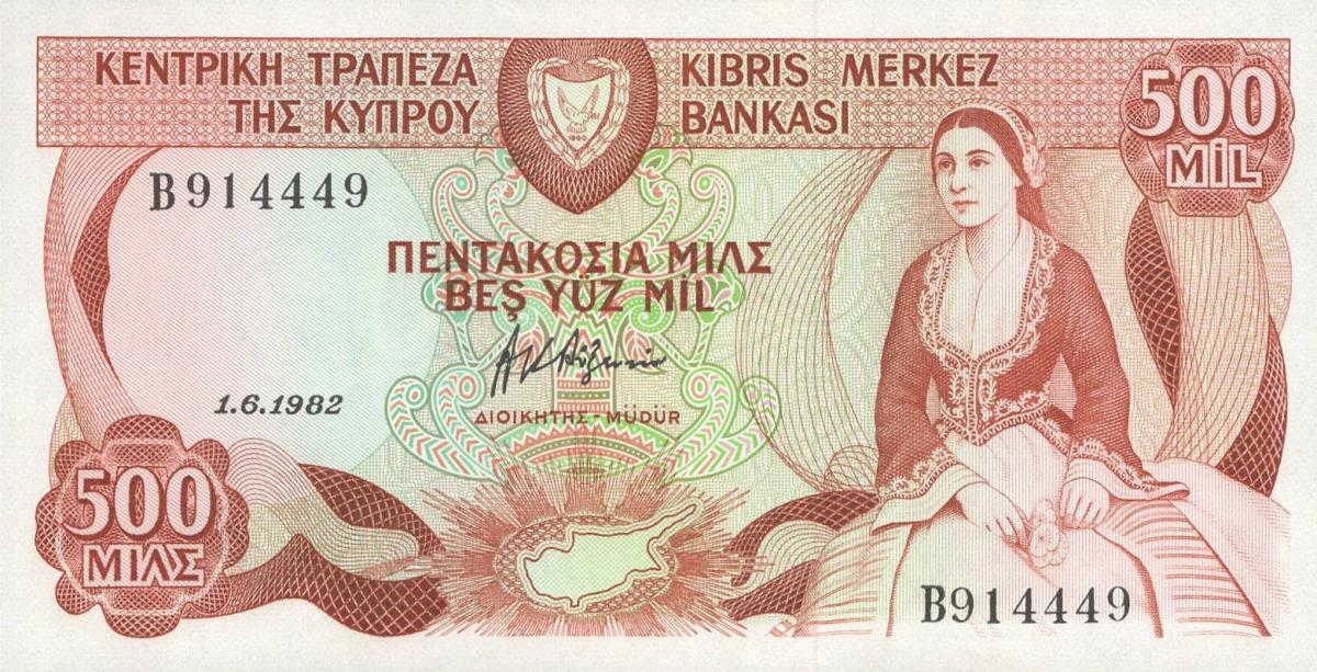 Front of Cyprus p45a: 500 Mils from 1982