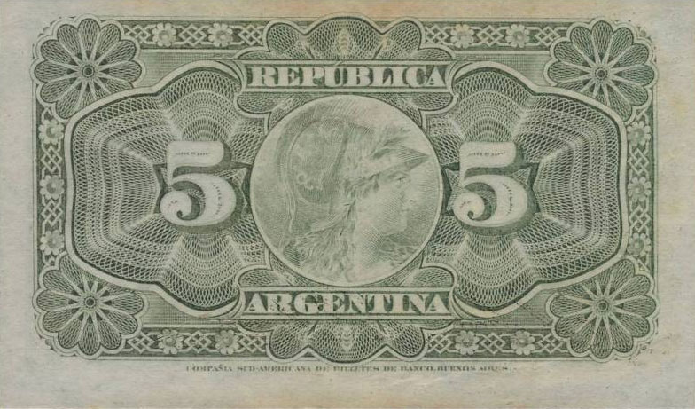 Back of Argentina p209: 5 Centavos from 1891