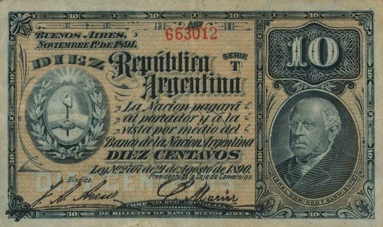 Front of Argentina p210: 10 Centavos from 1891