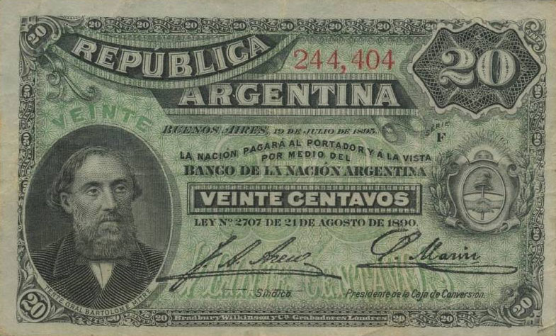 Front of Argentina p229a: 20 Centavos from 1895