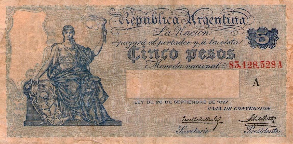 Front of Argentina p244a: 5 Pesos from 1908