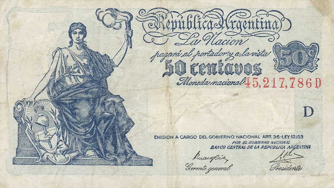 Front of Argentina p250b: 50 Centavos from 1942