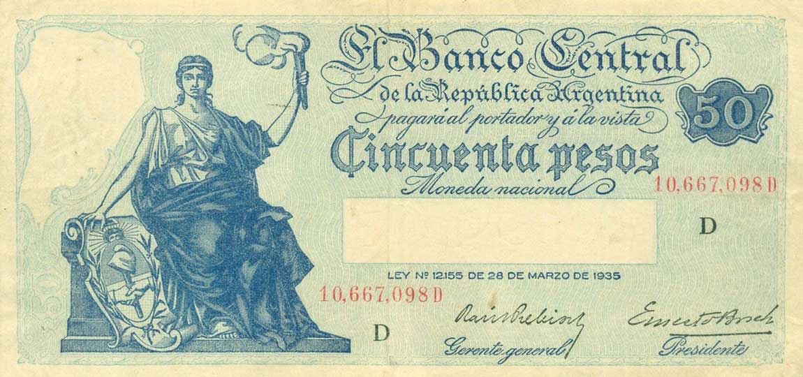 Front of Argentina p254a: 50 Pesos from 1936