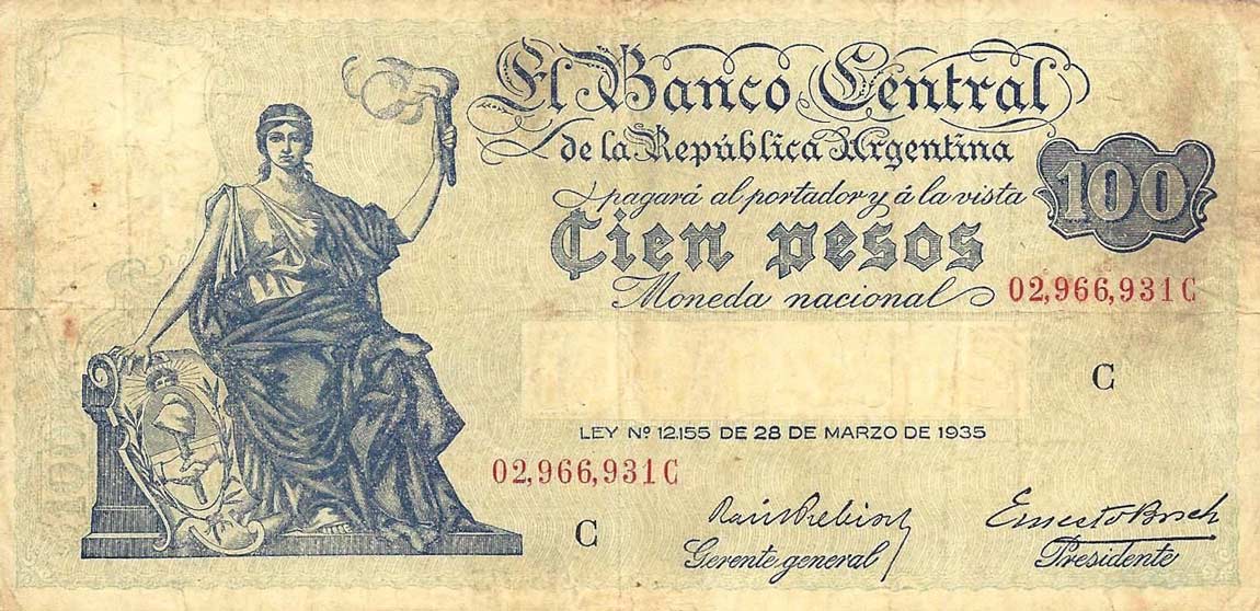 Front of Argentina p255: 100 Pesos from 1936