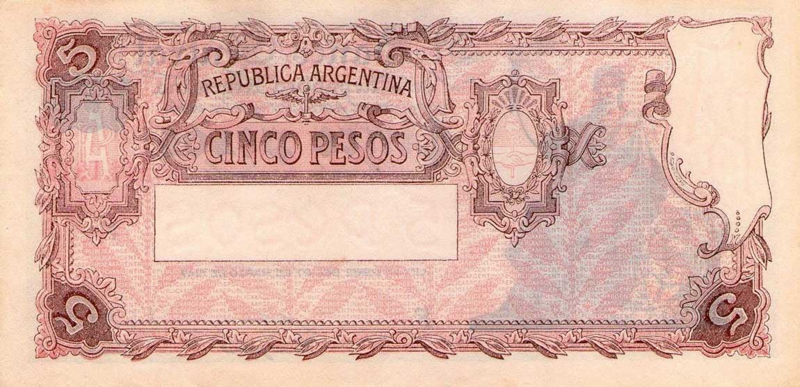 Back of Argentina p258: 5 Pesos from 1949