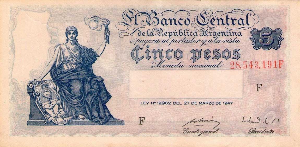 Front of Argentina p258: 5 Pesos from 1949