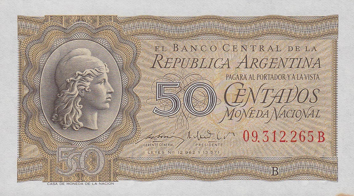 Front of Argentina p261: 50 Centavos from 1951