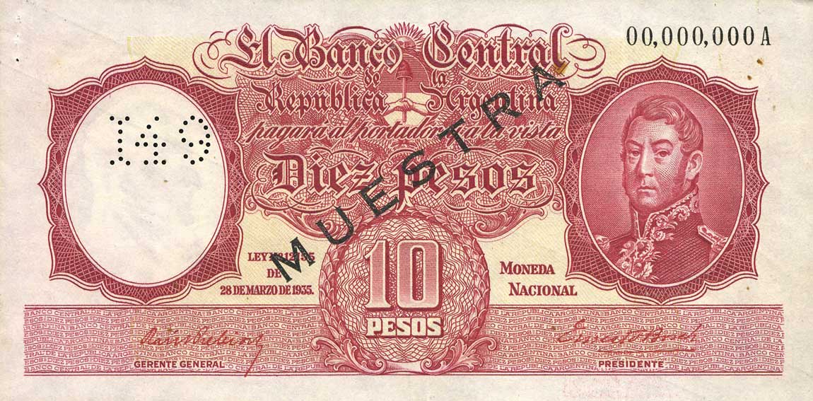 Front of Argentina p265s: 10 Pesos from 1942