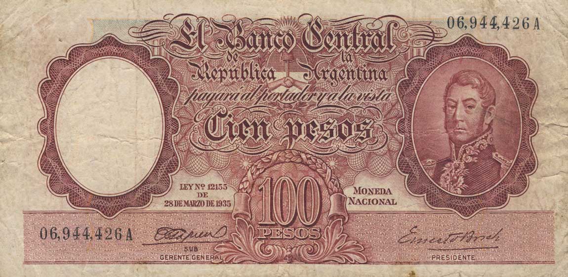 Front of Argentina p267A: 100 Pesos from 1935
