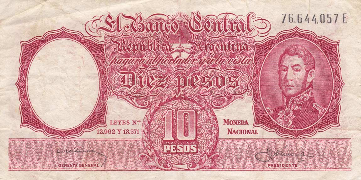 Front of Argentina p270a: 10 Pesos from 1954