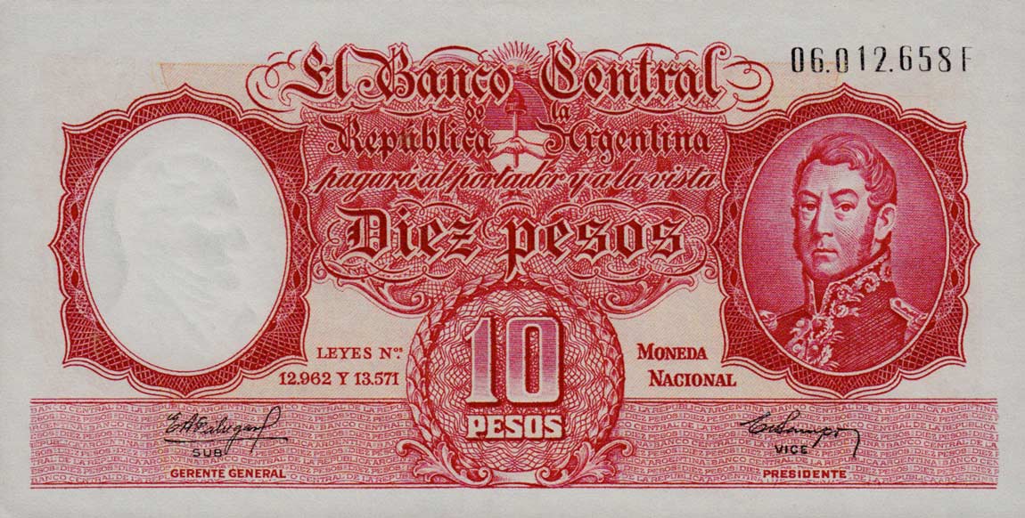 Front of Argentina p270b: 10 Pesos from 1954