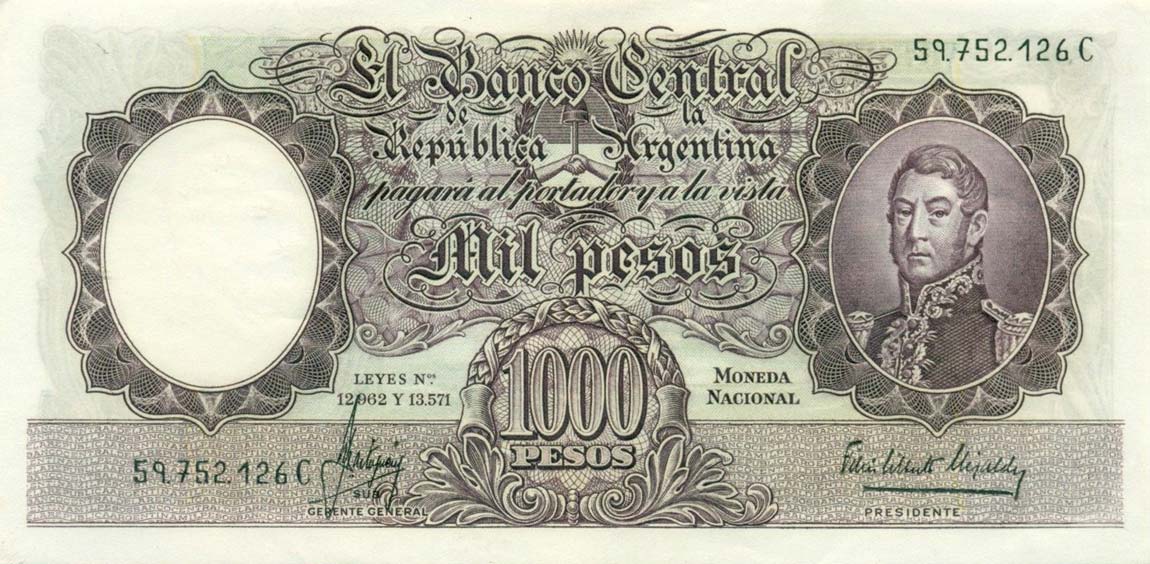 Front of Argentina p274b: 1000 Pesos from 1954