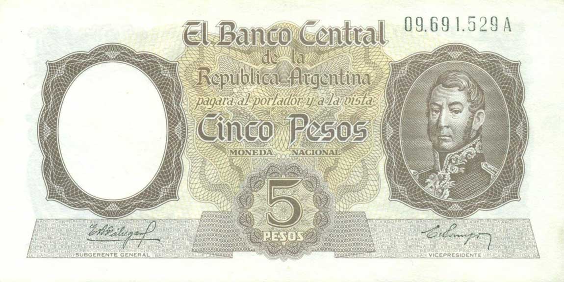 Front of Argentina p275a: 5 Pesos from 1960