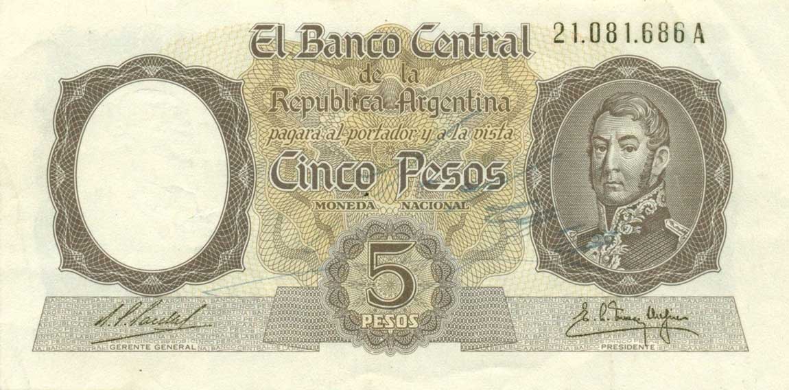 Front of Argentina p275b: 5 Pesos from 1960