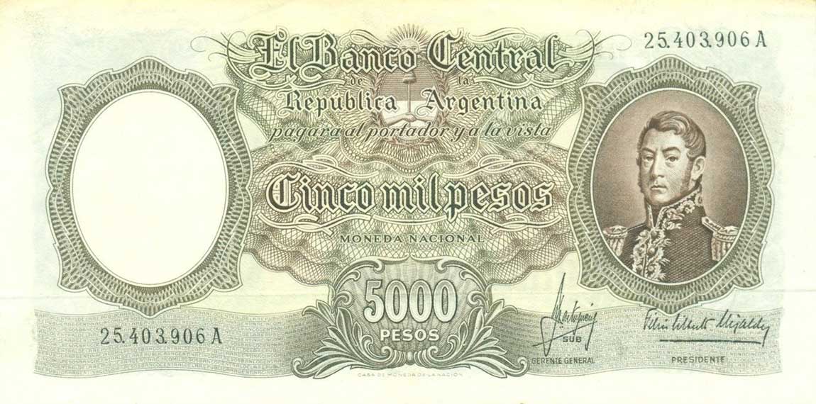 Front of Argentina p280a: 5000 Pesos from 1962