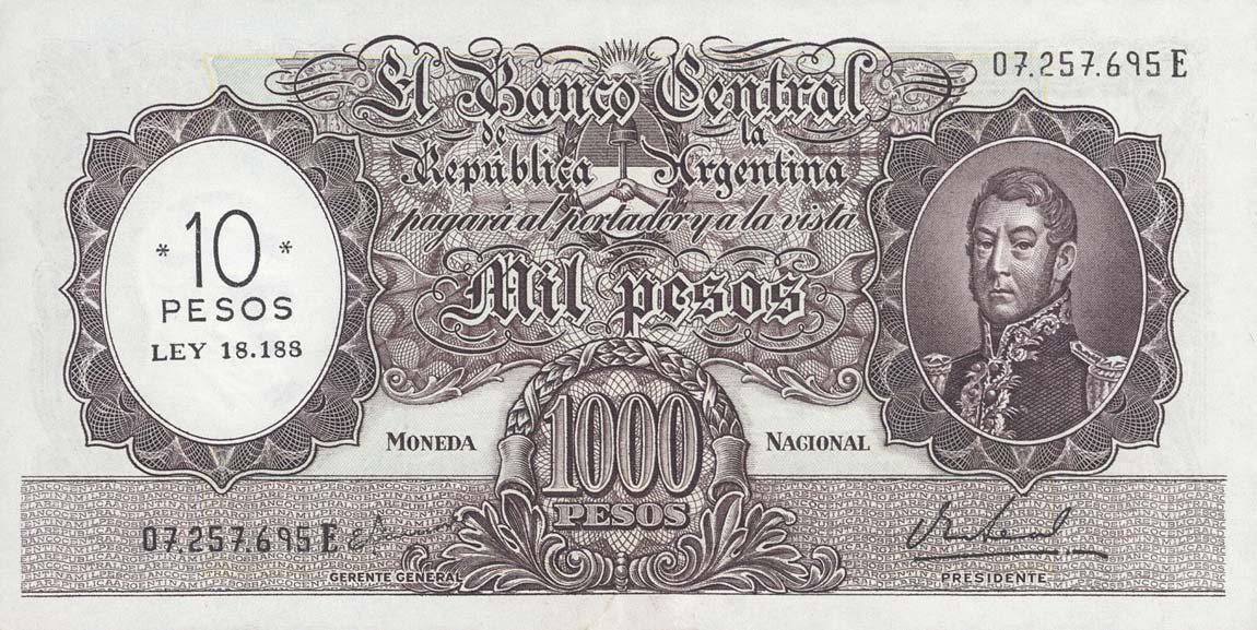 Front of Argentina p284: 10 Pesos from 1969
