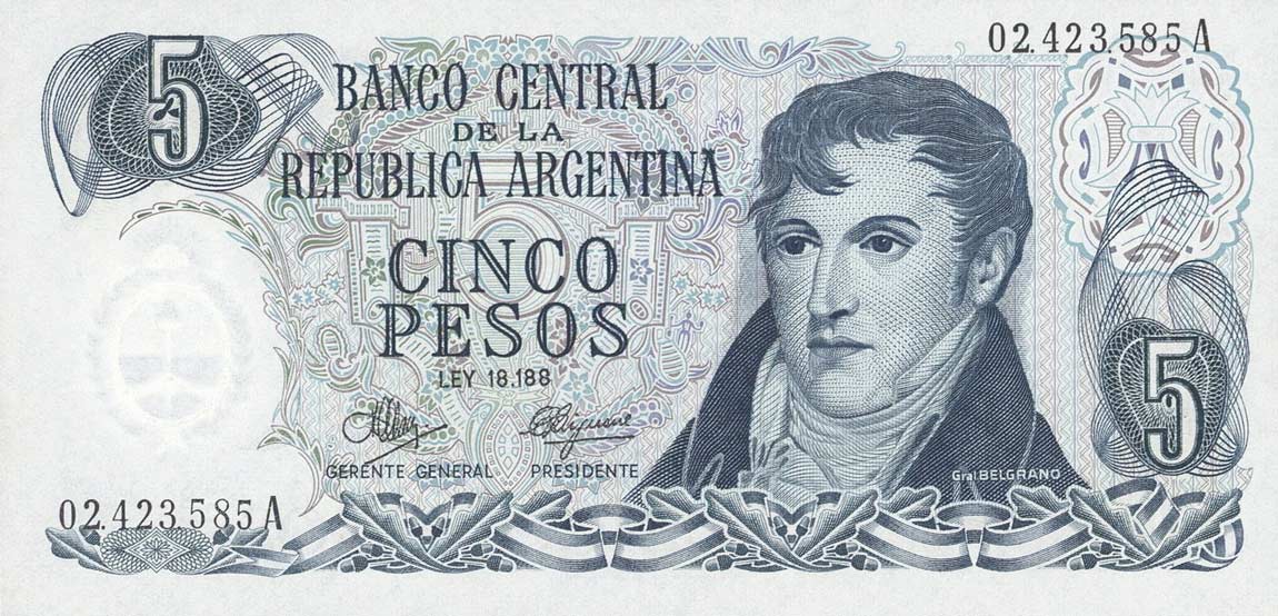 Front of Argentina p288: 5 Pesos from 1971