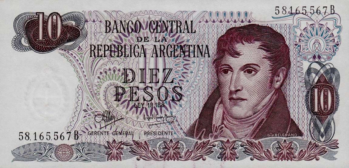 Front of Argentina p289: 10 Pesos from 1970