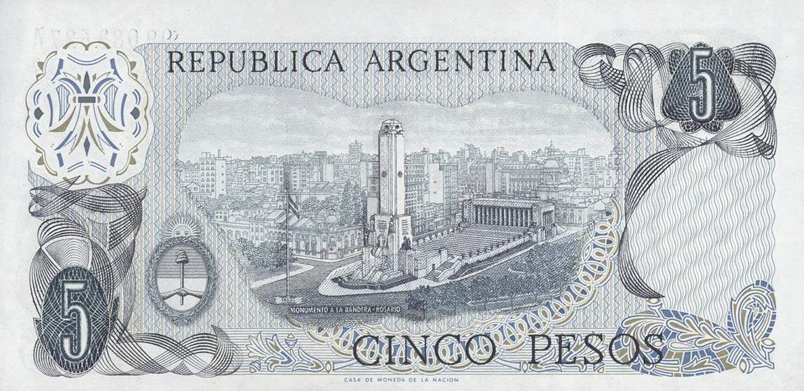 Back of Argentina p294: 5 Pesos from 1974